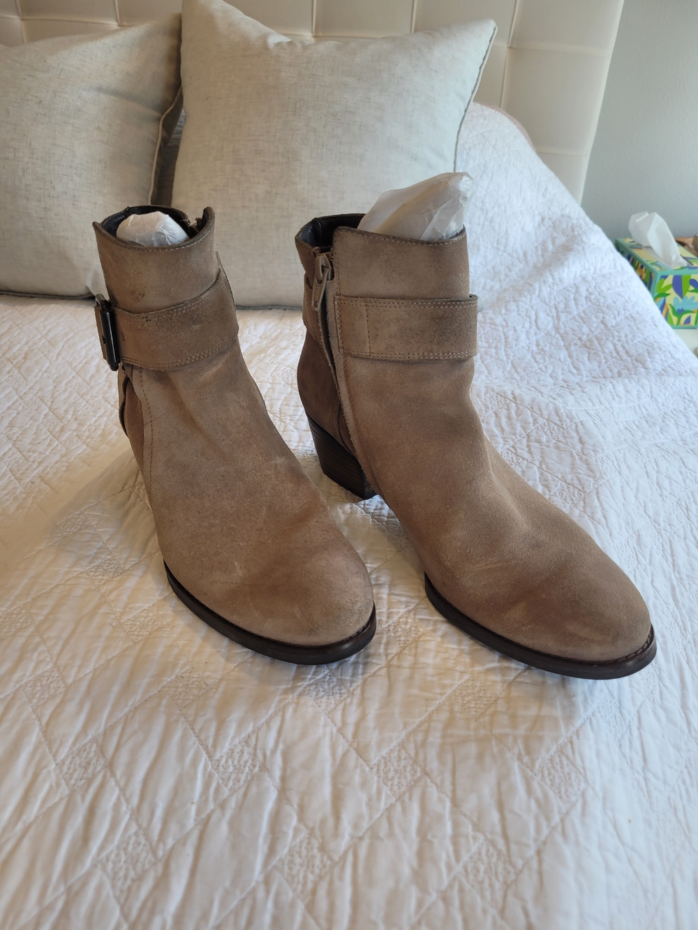 NWOT Paul Green 'Juno' Suede Ankle Bootie in Taupe with Buckle & Stacked Heel - Picture 2 of 12